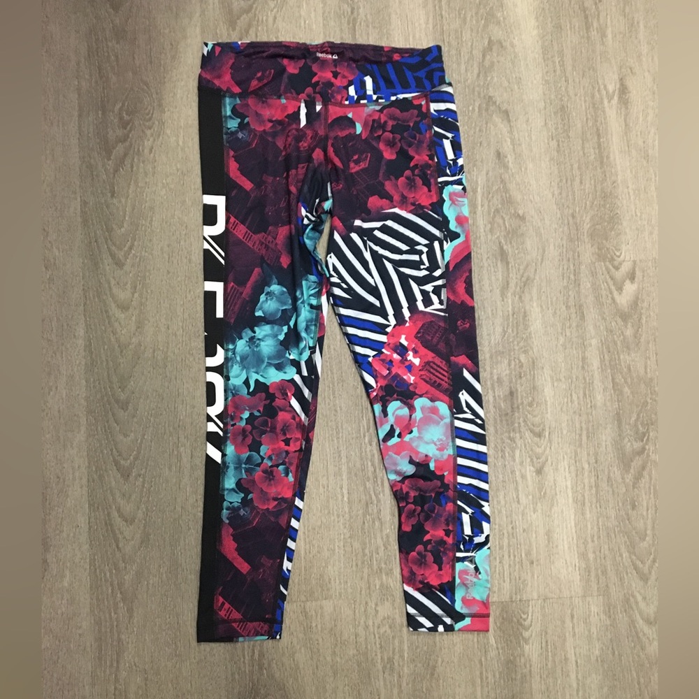 Reebok, Print Leggings, Blue and Pink Floral